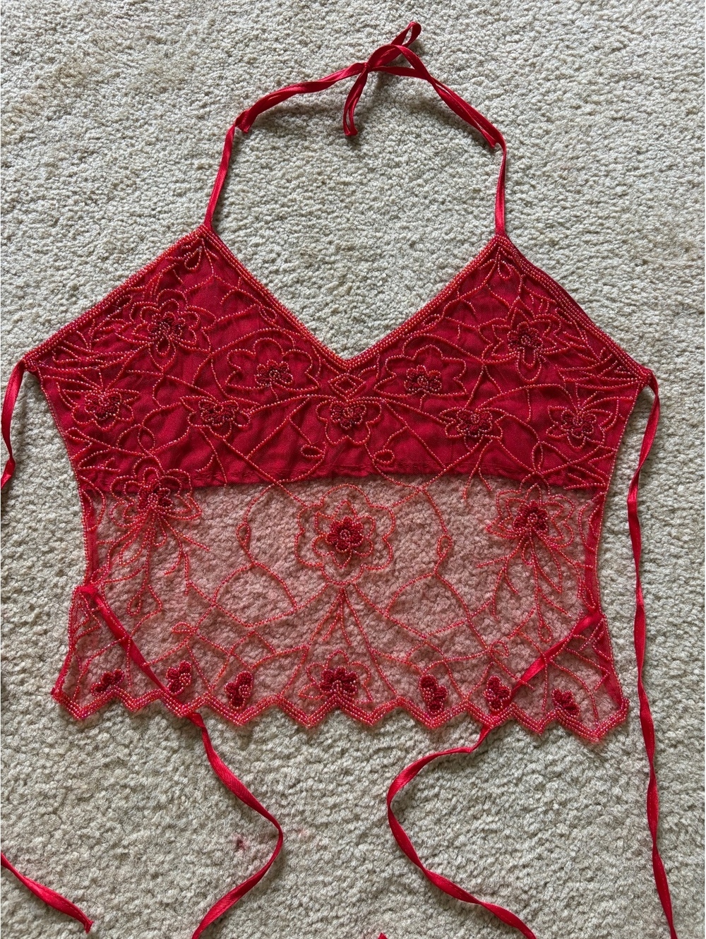 Women’s Red Floral Hand Beaded Halter Cami Tank Top Sheer Tie Back Size S/M